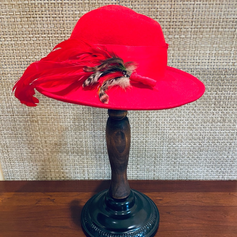 🌟2xHP🌟VTG 1970-80s Red Wool Feathered Wide Brim Hat USA